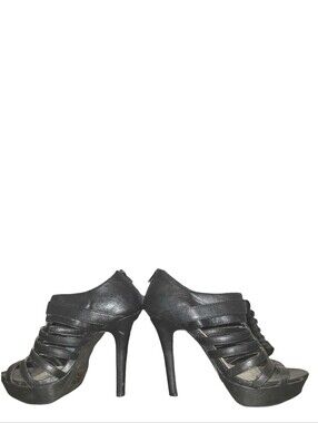 shi by JOURNEYS SIZE 8 Black Silver Hardware Caged Open Toe Platform High Heels
